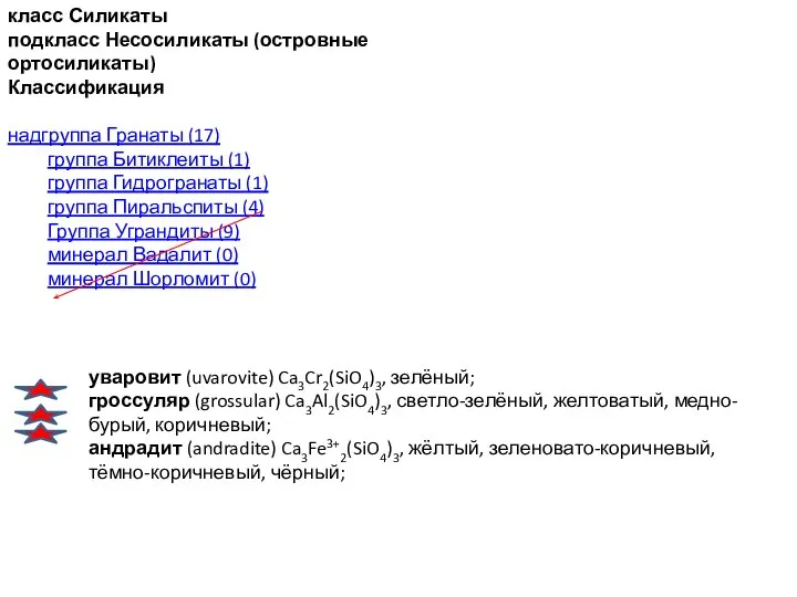 класс Силикаты подкласс Несосиликаты (островные ортосиликаты) Классификация надгруппа Гранаты (17) группа