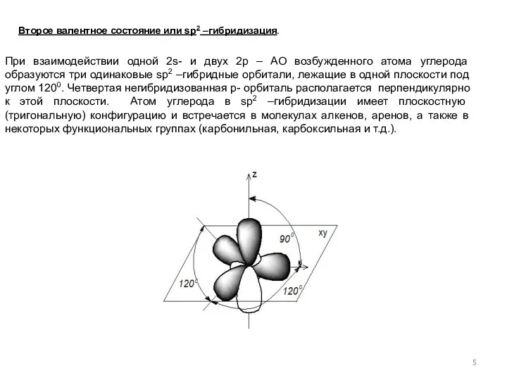 Второе валентное состояние или sp2 –гибридизация. При взаимодействии одной 2s- и