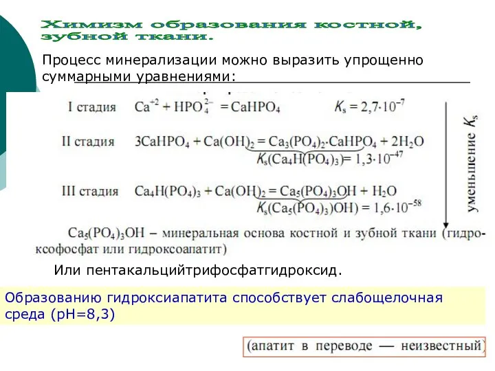 Химизм образования костной, зубной ткани. Процесс минерализации можно выразить упрощенно суммарными