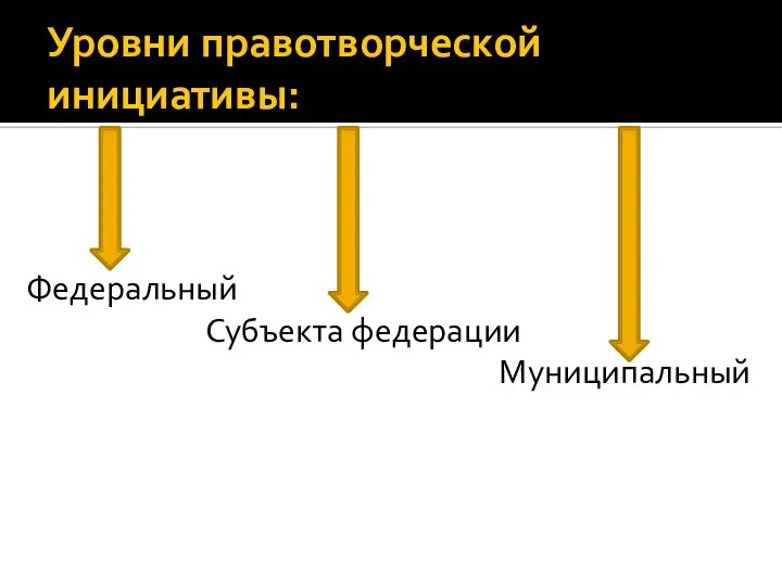 Уровни правотворческой инициативы: Федеральный Субъекта федерации Муниципальный