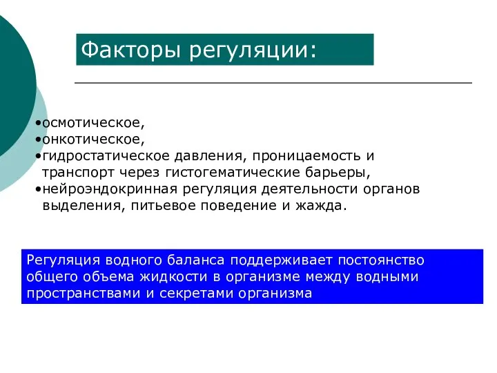 Факторы регуляции: осмотическое, онкотическое, гидростатическое давления, проницаемость и транспорт через гистогематические