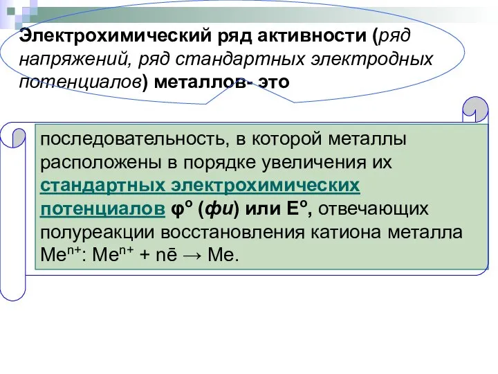 Электрохимический ряд активности (ряд напряжений, ряд стандартных электродных потенциалов) металлов- это