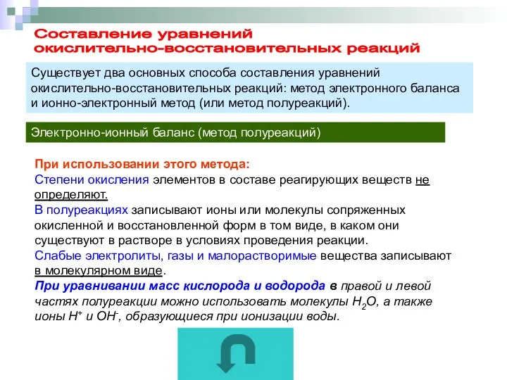 Составление уравнений окислительно-восстановительных реакций Существует два основных способа составления уравнений окислительно-восстановительных