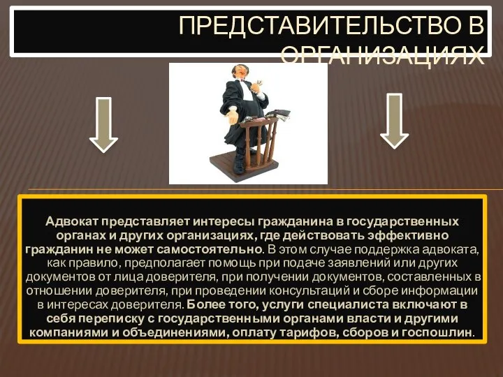 Адвокат представляет интересы гражданина в государственных органах и других организациях, где