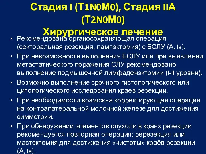 Стадия I (Т1N0М0), Стадия IIА (Т2N0М0) Хирургическое лечение Рекомендована органосохраняющая операция