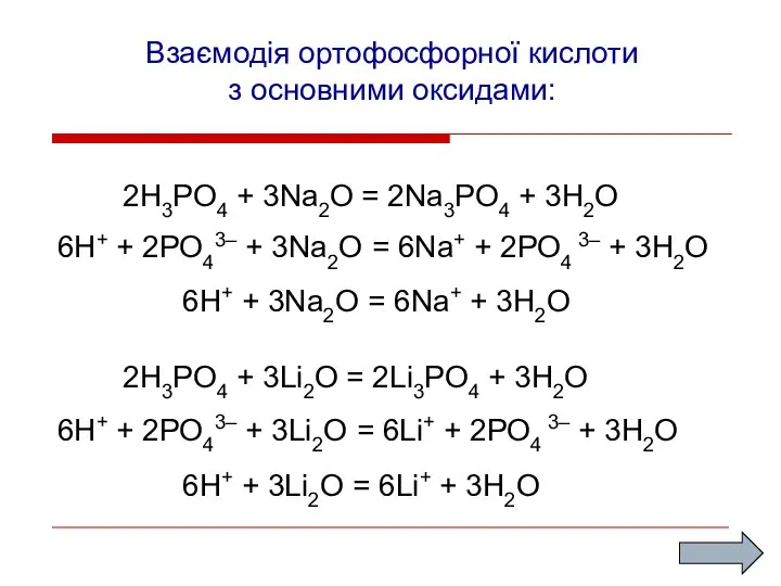 Взаємодія ортофосфорної кислоти з основними оксидами: 2H3PO4 + 3Na2O = 2Na3PO4