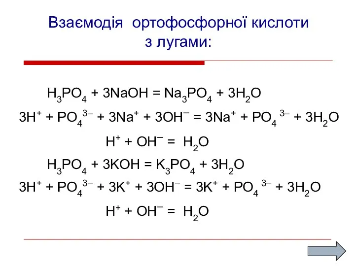 Взаємодія ортофосфорної кислоти з лугами: H3PO4 + 3NaOH = Na3PO4 +