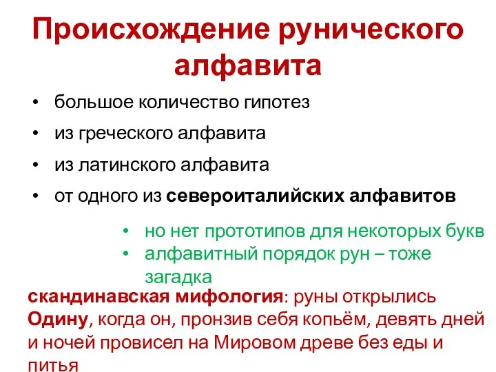 Происхождение рунического алфавита большое количество гипотез из греческого алфавита из латинского