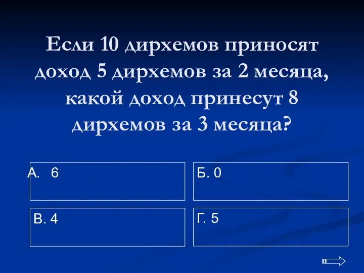 Если 10 дирхемов приносят доход 5 дирхемов за 2 месяца, какой