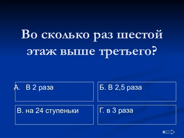 Во сколько раз шестой этаж выше третьего? В 2 раза Г.