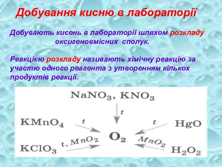 Добування кисню в лабораторії Добувають кисень в лабораторії шляхом розкладу оксигеновмісних