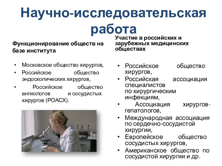 Научно-исследовательская работа Функционирование обществ на базе института Московское общество хирургов, Российское