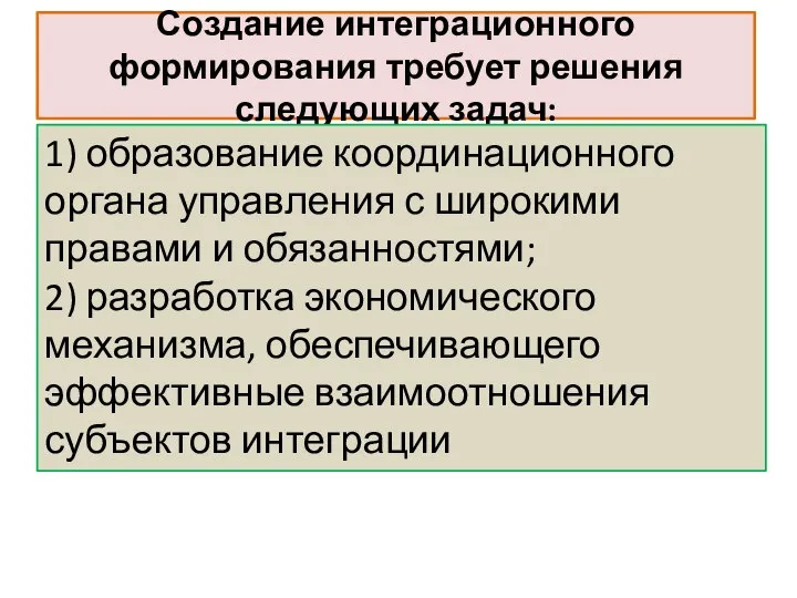 Создание интеграционного формирования требует решения следующих задач: 1) образование координационного органа