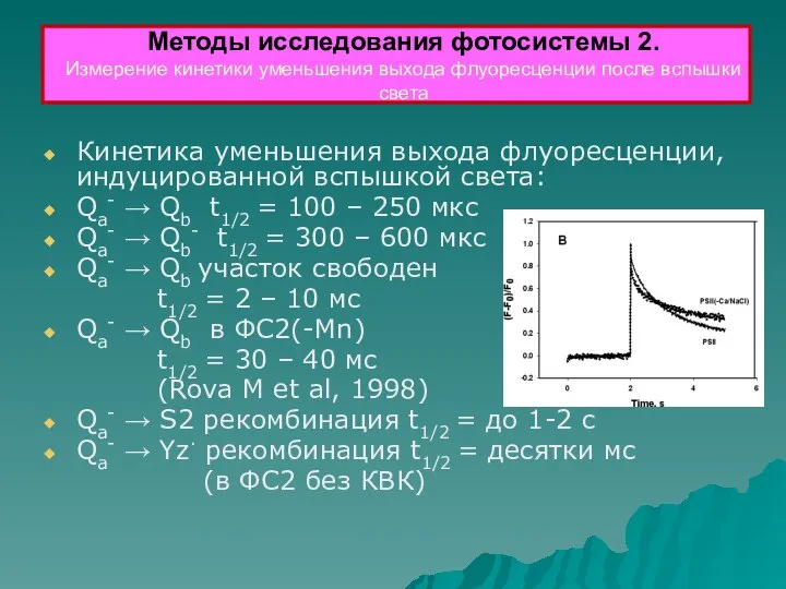 Кинетика уменьшения выхода флуоресценции, индуцированной вспышкой света: Qa- → Qb t1/2