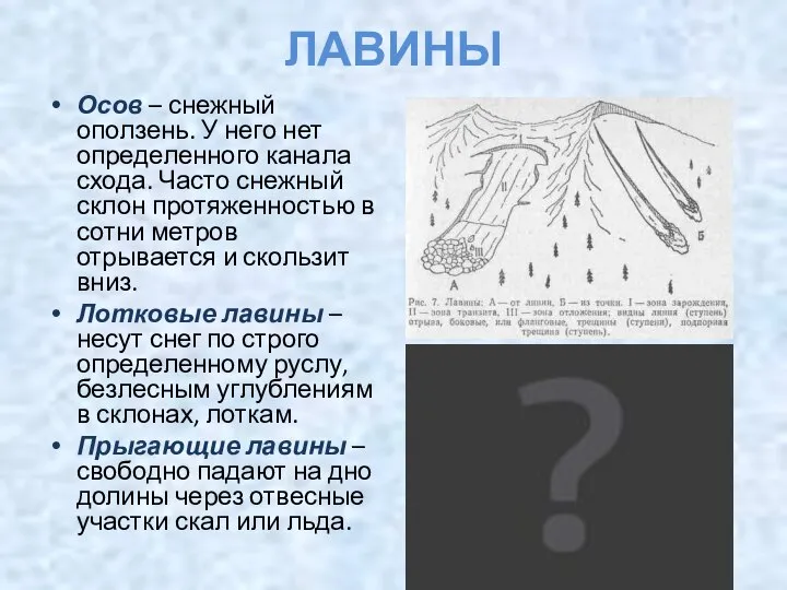 ЛАВИНЫ Осов – снежный оползень. У него нет определенного канала схода.