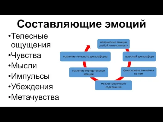 Составляющие эмоций Телесные ощущения Чувства Мысли Импульсы Убеждения Метачувства