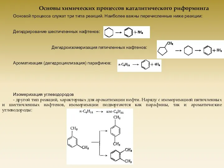 Основы химических процессов каталитического риформинга Основой процесса служат три типа реакций.