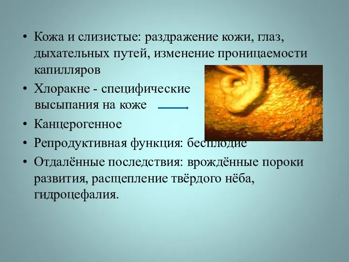 Кожа и слизистые: раздражение кожи, глаз, дыхательных путей, изменение проницаемости капилляров