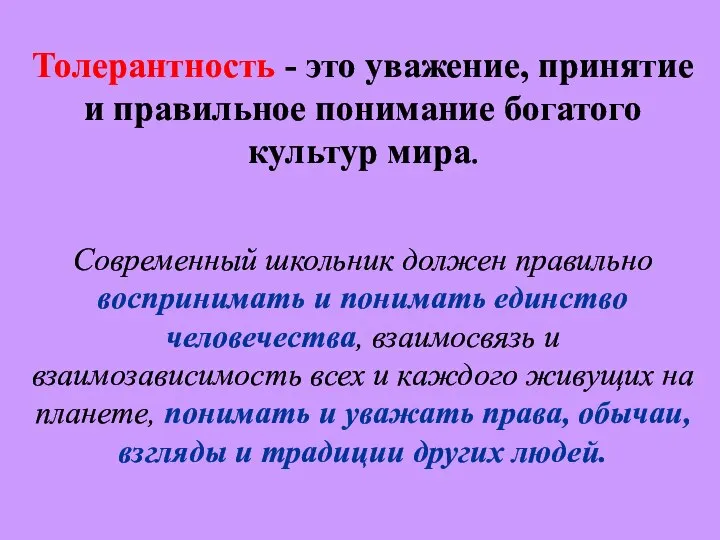 Толерантность - это уважение, принятие и правильное понимание богатого культур мира.