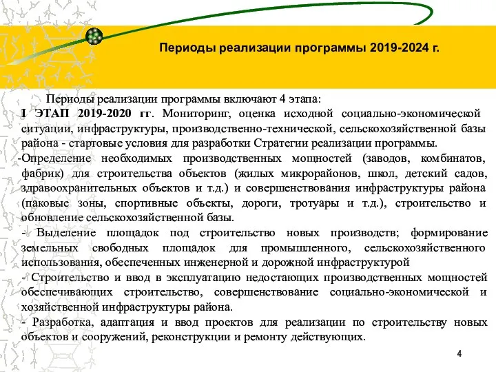 Периоды реализации программы 2019-2024 г. Периоды реализации программы включают 4 этапа: