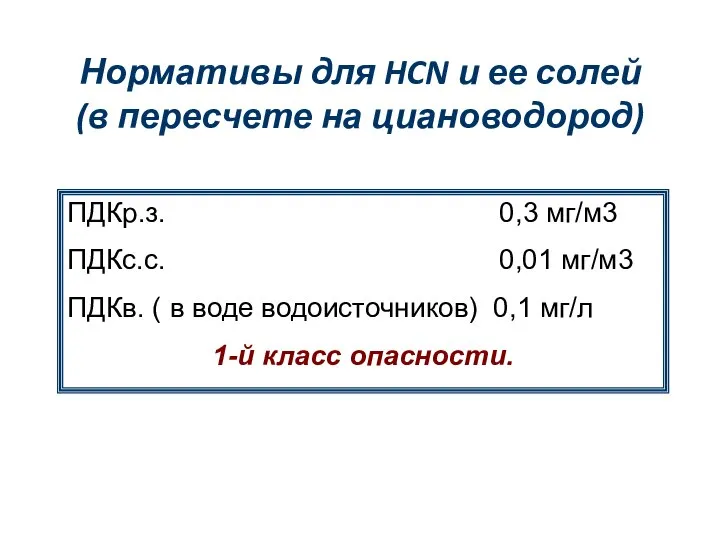 Нормативы для HCN и ее солей (в пересчете на циановодород) ПДКр.з.