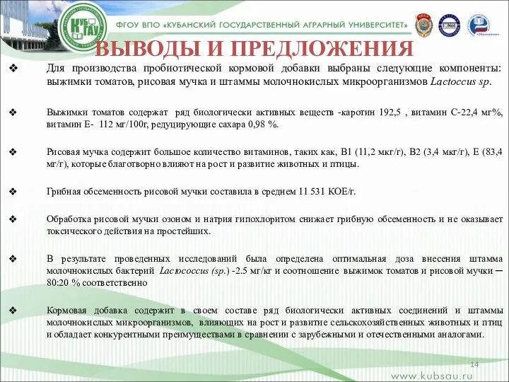 ВЫВОДЫ И ПРЕДЛОЖЕНИЯ Для производства пробиотической кормовой добавки выбраны следующие компоненты: