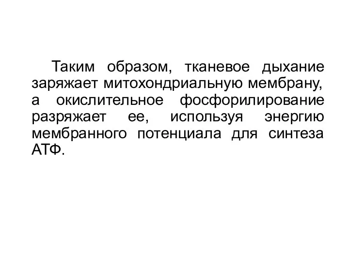 Таким образом, тканевое дыхание заряжает митохондриальную мембрану, а окислительное фосфорилирование разряжает