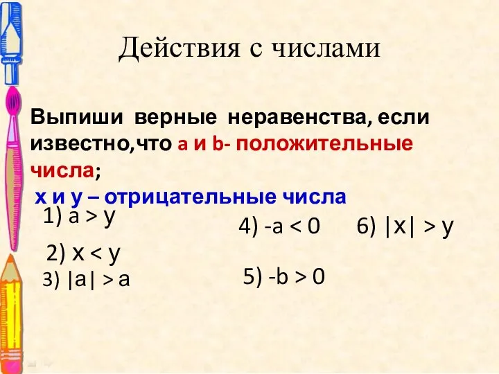 Действия с числами Выпиши верные неравенства, если известно,что a и b-