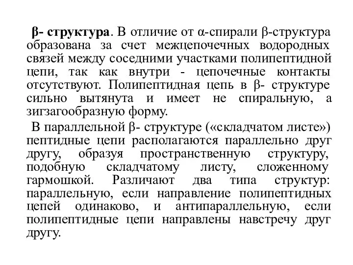 β- структура. В отличие от α-спирали β-структура образована за счет межцепочечных