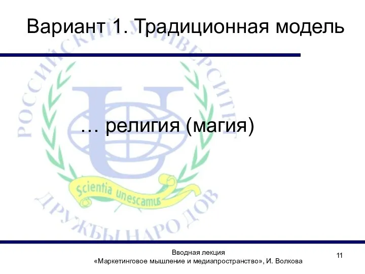 Вводная лекция «Маркетинговое мышление и медиапространство», И. Волкова Вариант 1. Традиционная модель … религия (магия)