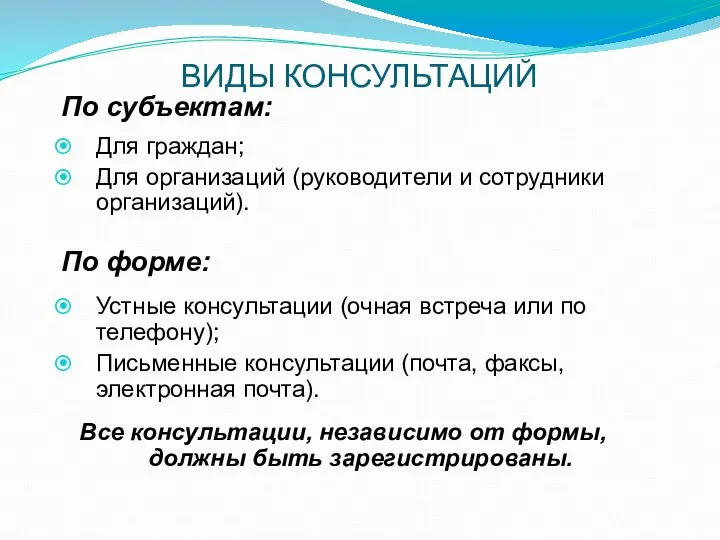 ВИДЫ КОНСУЛЬТАЦИЙ По субъектам: Для граждан; Для организаций (руководители и сотрудники