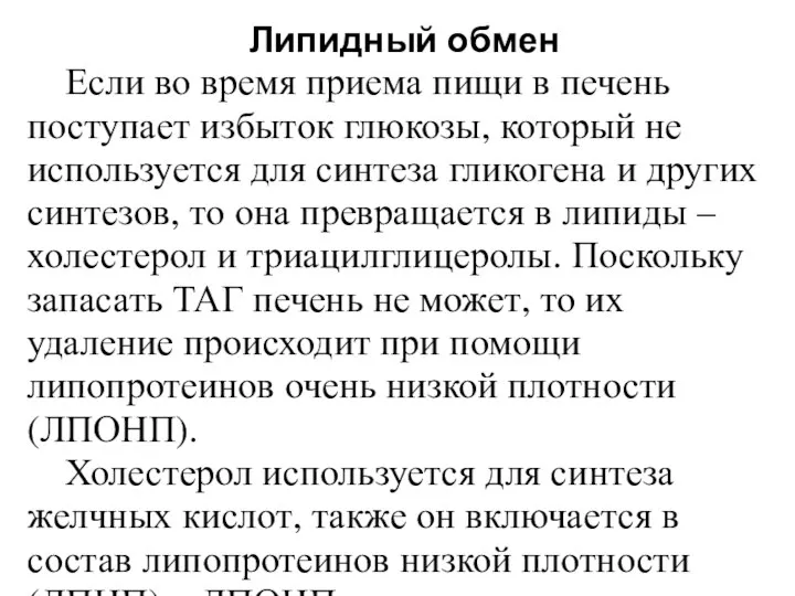 Липидный обмен Если во время приема пищи в печень поступает избыток