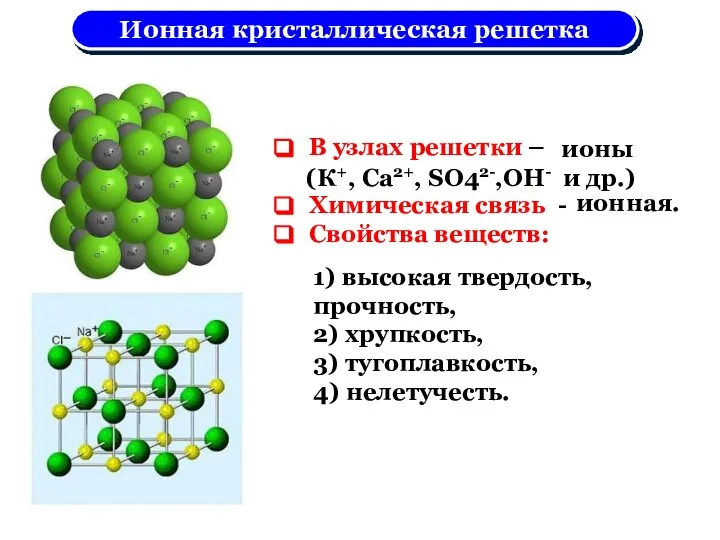 Ионная кристаллическая решетка В узлах решетки – Химическая связь - Свойства