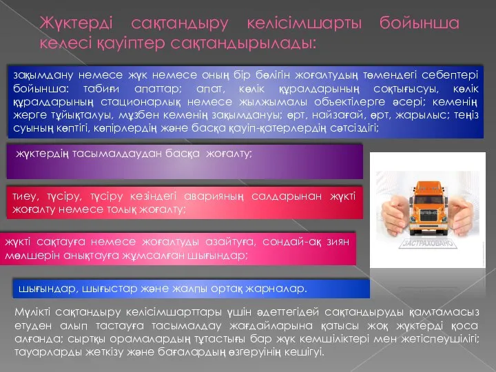 Жүктерді сақтандыру келісімшарты бойынша келесі қауіптер сақтандырылады: жүктердің тасымалдаудан басқа жоғалту;