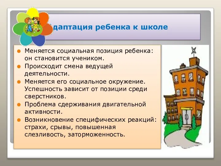 Адаптация ребенка к школе Меняется социальная позиция ребенка: он становится учеником.