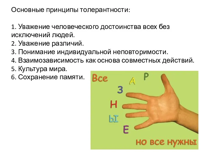 Основные принципы толерантности: 1. Уважение человеческого достоинства всех без исключений людей.