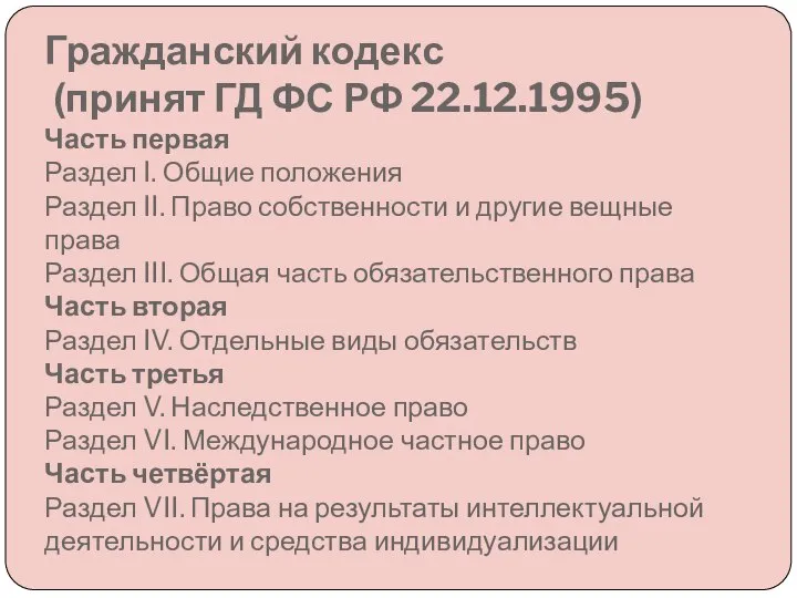 Гражданский кодекс (принят ГД ФС РФ 22.12.1995) Часть первая Раздел I.