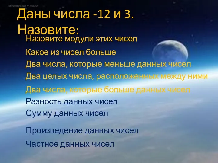 Даны числа -12 и 3. Назовите: а) Модули этих чисел Назовите