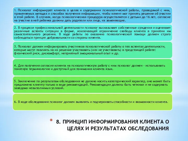 8. ПРИНЦИП ИНФОРМИРОВАНИЯ КЛИЕНТА О ЦЕЛЯХ И РЕЗУЛЬТАТАХ ОБСЛЕДОВАНИЯ