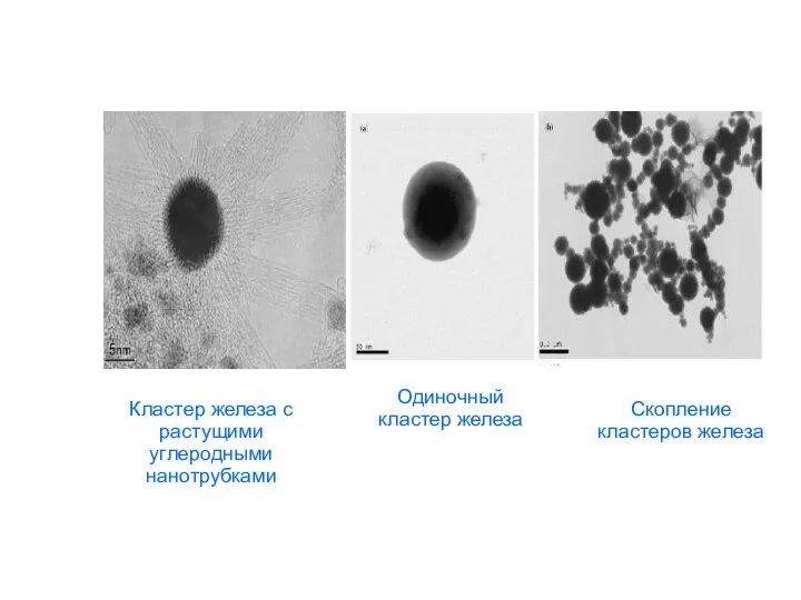 Кластер железа с растущими углеродными нанотрубками Одиночный кластер железа Скопление кластеров железа