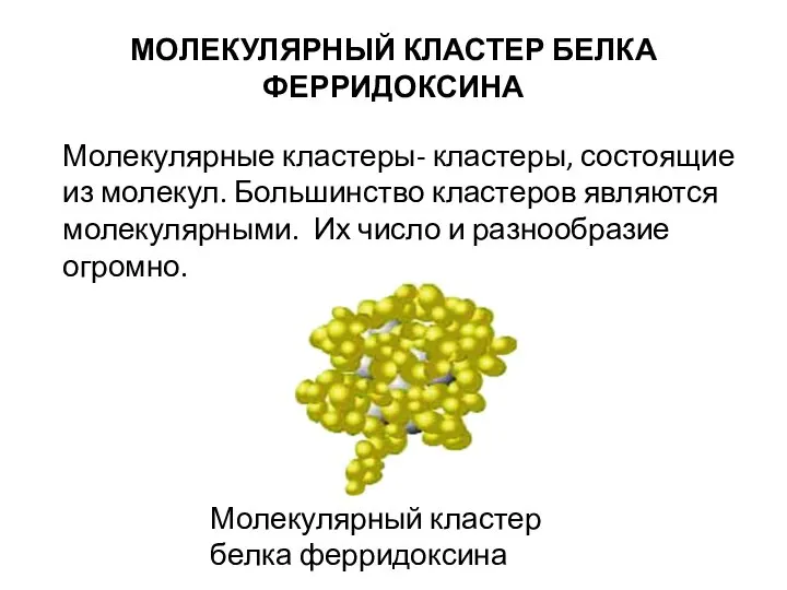 МОЛЕКУЛЯРНЫЙ КЛАСТЕР БЕЛКА ФЕРРИДОКСИНА Молекулярные кластеры- кластеры, состоящие из молекул. Большинство