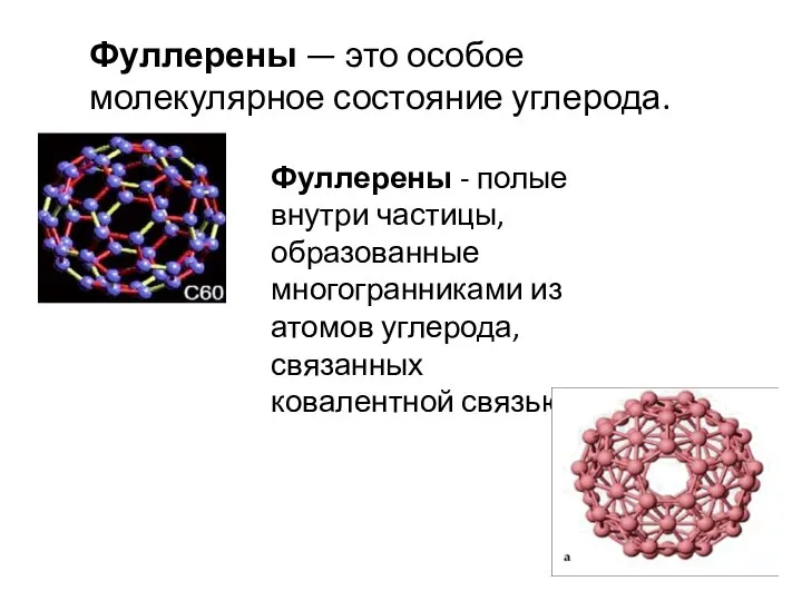 Фуллерены - полые внутри частицы, образованные многогранниками из атомов углерода, связанных