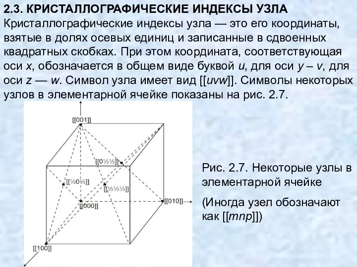 2.3. КРИСТАЛЛОГРАФИЧЕСКИЕ ИНДЕКСЫ УЗЛА Кристаллографические индексы узла — это его координаты,