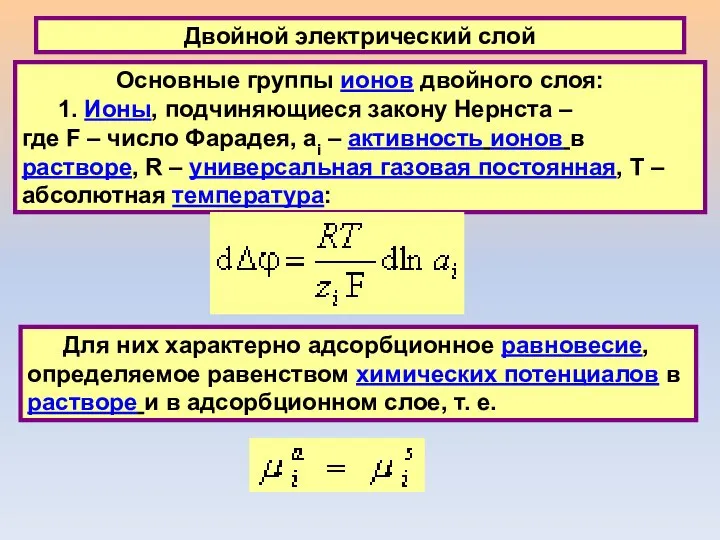 Двойной электрический слой Основные группы ионов двойного слоя: 1. Ионы, подчиняющиеся