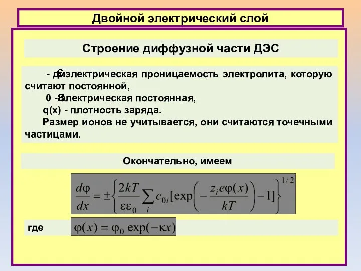 Двойной электрический слой Строение диффузной части ДЭС - диэлектрическая проницаемость электролита,