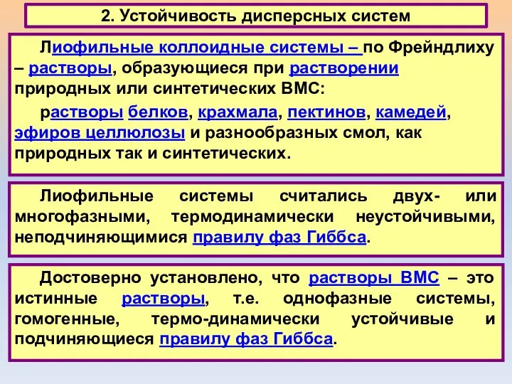 2. Устойчивость дисперсных систем Достоверно установлено, что растворы ВМС – это