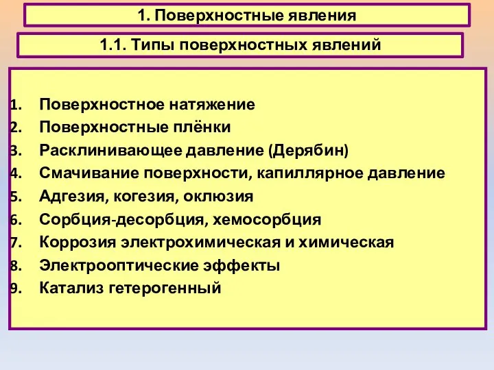 1. Поверхностные явления 1.1. Типы поверхностных явлений Поверхностное натяжение Поверхностные плёнки