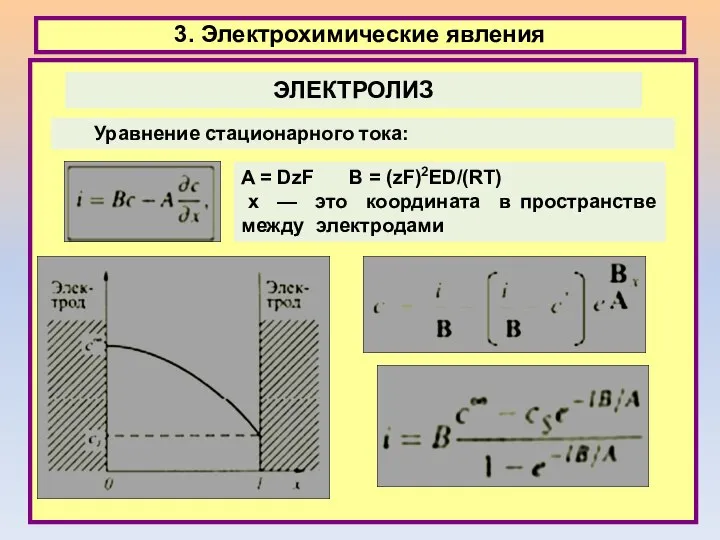 3. Электрохимические явления Уравнение стационарного тока: ЭЛЕКТРОЛИЗ A = DzF B