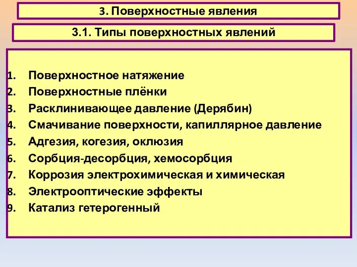 3. Поверхностные явления 3.1. Типы поверхностных явлений Поверхностное натяжение Поверхностные плёнки