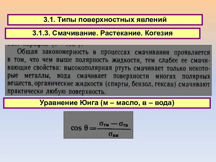 3.1. Типы поверхностных явлений 3.1.3. Смачивание. Растекание. Когезия Уравнение Юнга (м – масло, в – вода)